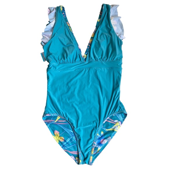 ModCloth The Kelsie Ruffle Blue Floral Plunge Neck One Piece Swimsuit Sz L - Picture 13 of 16